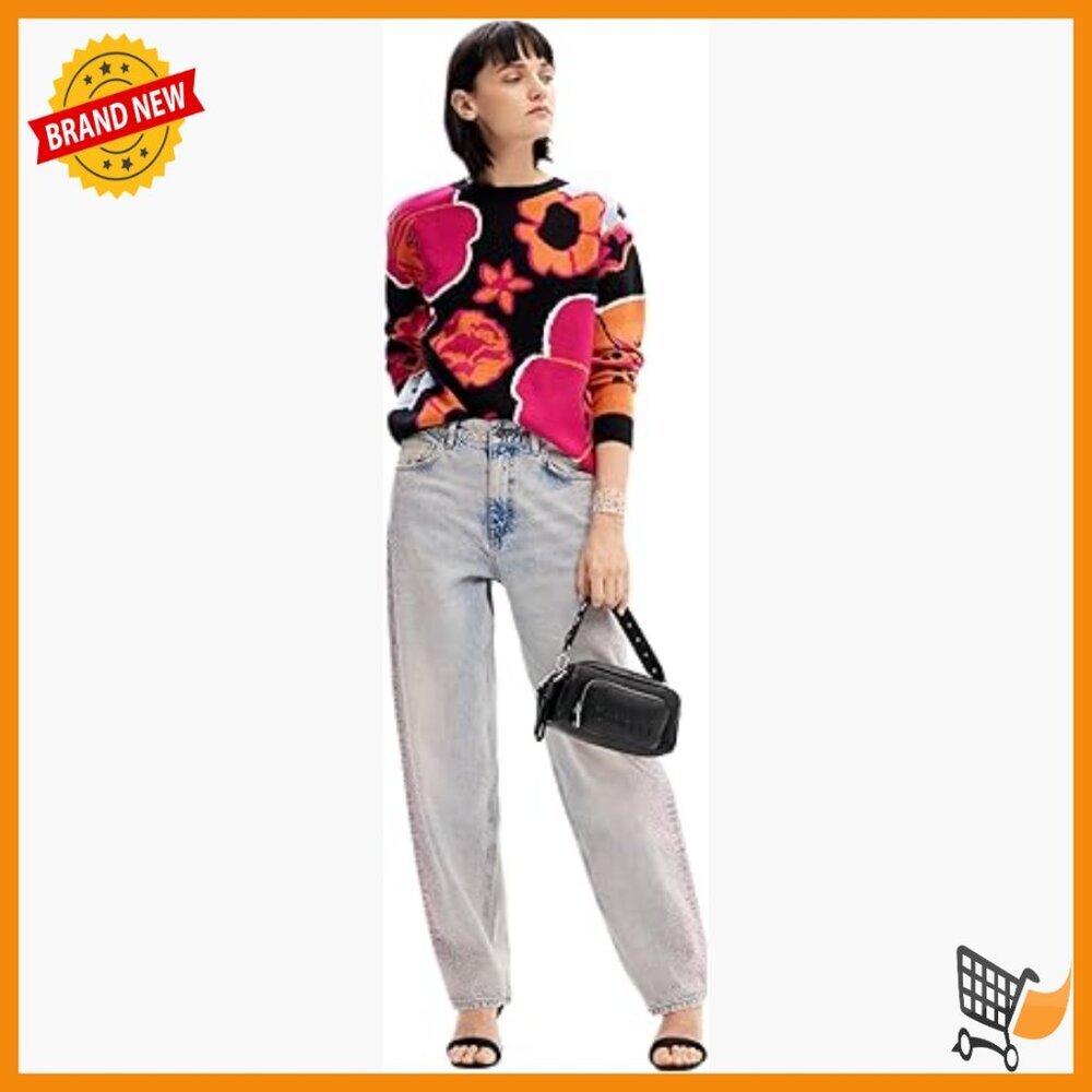 Floral Pullover Sweater, Long Sleeve Crew Neck, Rayon Blend, Hand Wash